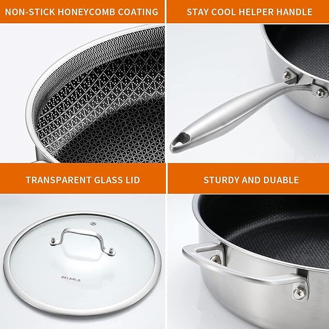 DELARLO Tri-Ply Stainless Steel 12 Inch Deep Frying Pan with lid,7QT Saute Pan Nonstick,Compatible with All Cooktops,Oven Up to 660℉,Chicken Fryer,Dishwasher-Friendly