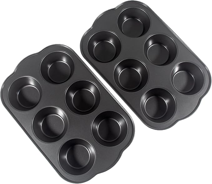 Bakexcel Non-Stick Jumbo Muffin Pans, 3.5" 6-Cup Set of 2 Baking Pans, Heavy Duty Carbon Steel Tins for Extra-large Muffins & Cupcakes