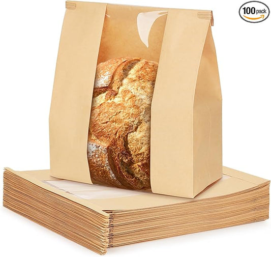 100 Pack Paper Bread Bags for Homemade Bread, 7x3×11 Inches Resealable Tin Tie Tab Bakery Bags with Window for Round Sourdough, Cookies, Loaves, Bagels