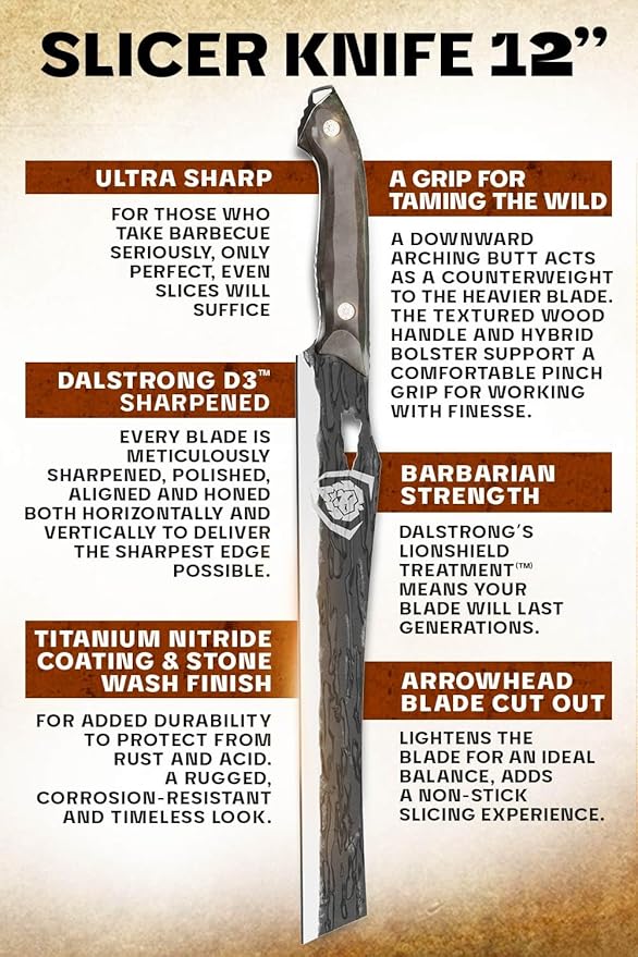 Dalstrong Slicing Knife - 12 inch Carving - Barbarian Series - Premium Swedish 14C28N High Carbon Stainless Steel - Brown Stabilized Wood Handle - Leather Sheath