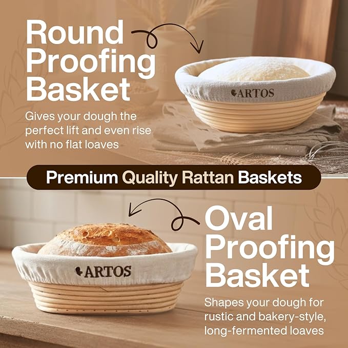 Sourdough Starter Kit | 9" Round & 10" Oval Banneton Bread Proofing Baskets | Sourdough Bread Baking Supplies with Dough Whisk, Scrapers Bread Lame, Cleaning Brush, Detailed Guide & Recipes