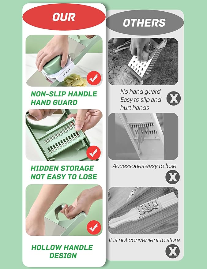 Vegetable Chopper, Mandoline Food Slicer Cutter with Handheld Container, 6 Blades and Blade Box, Cucumber Slicer, Magnetic Kitchen Tools for Veggie Potato Onion Carrot (Green(No magnet), 7 in 1)