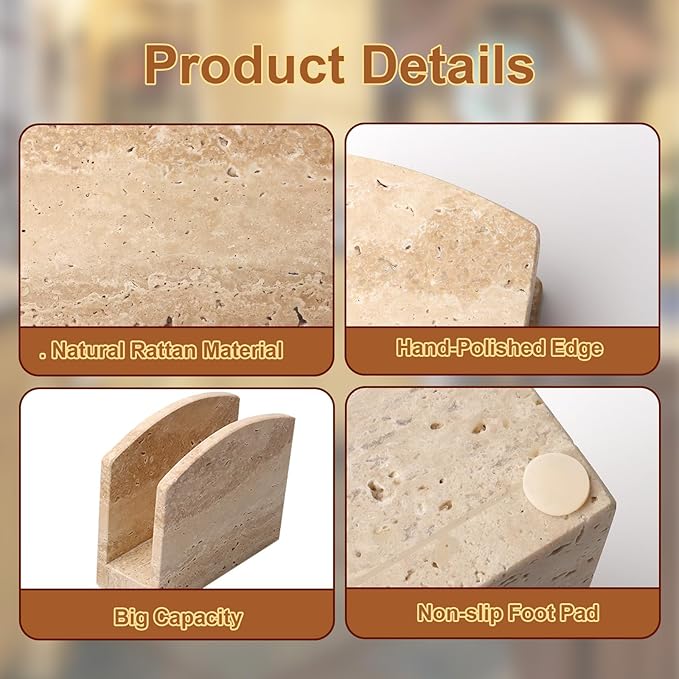 Travertine Stone Napkin Holder,Standing Napkin Holders Fit for 6.5”x6.5” Luncheon-Sized Napkins,Stone Napkin Holder for Table Kitchen Counter Dining Room Party Bar Decor,Beige