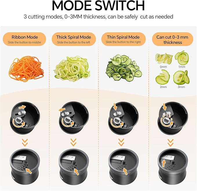 3 in 1 Vegetable Spiralizer Slicer, Adjustable Thickness 0-3mm, Zucchini Spiralizer Veggie Noodle Maker for Cucumber/Zoodle/Salad/Spaghetti/Pasta with Food Container, Cleaning Brush, Black