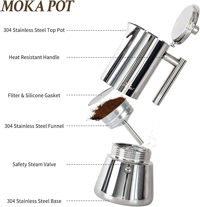 LAOION Stovetop Espresso Maker, 6Cup 10 oz Moka Pot, Stainless Steel Cuban and Italian Coffee Maker for Cafetera Cubana, Greca De Cafe Induction Stovetop Compatible, Coffee Gift for Home Travel