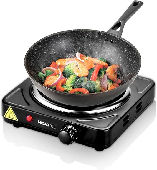 Countertop Single Cast Iron Burner 1000 Watts Electric Hot Plate with Adjustable Temperature 6.1" Cooktop for Dorm, Office, Home, Camp, Compatible for All Cookwares
