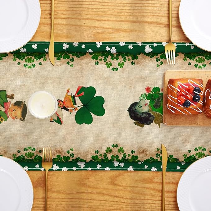Vintage St. Patrick's Day Table Runner St Patricks Day Decorations - Green Lucky Vintage Style Boys Girls Clover Spring Home Kitchen Dining Table Decor, St Patricks Day Party Decorations 13x72 Inch