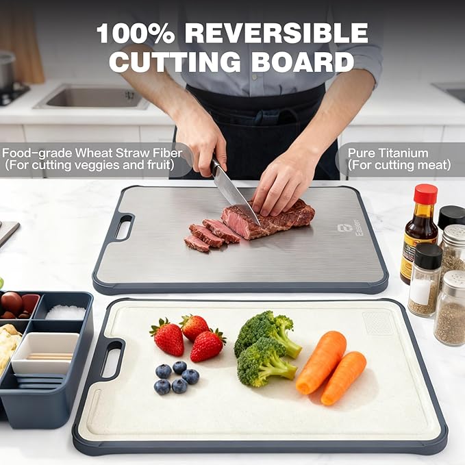 Easierr Extra Large Titanium Cutting Board for Kitchen with Juice Groove, Versatile for Chopping, Serving, Bread, Meat, Veggies, Pure Titanium and Wheat Straw PP, 17 x 12 inch