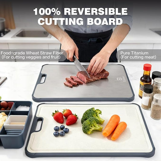Easierr Extra Large Titanium Cutting Board for Kitchen with Juice Groove, Versatile for Chopping, Serving, Bread, Meat, Veggies, Pure Titanium and Wheat Straw PP, 17 x 12 inch