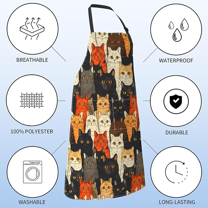 Cute Cat Faces Apron for Women,28x33in,Fun Kitten Kitchen Aprons with 2 Pockets,Oxford Fabric,Animal Playful Adjustable Apron for Cooking Baking Gardening Chef,Gifts for Mom Wife