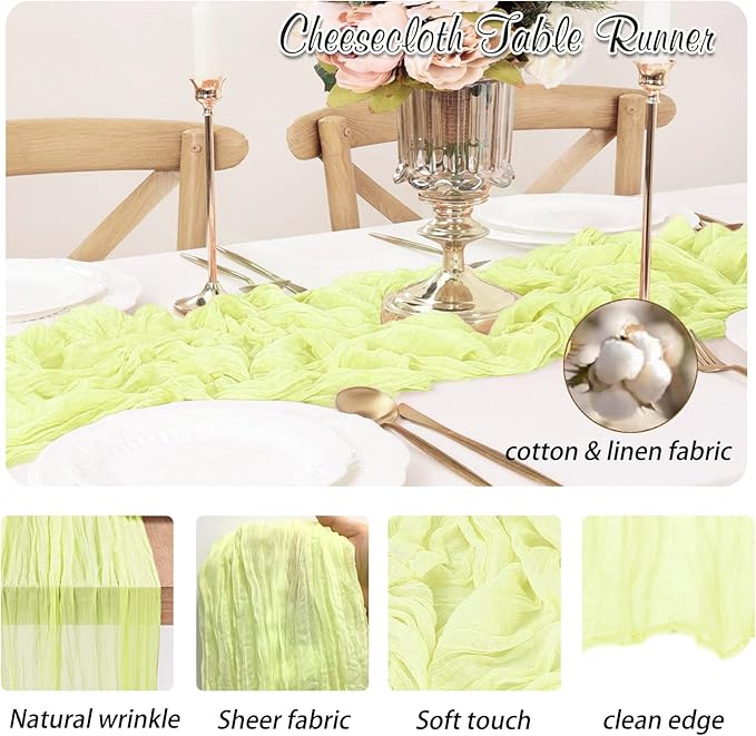 Light Yellow Cheesecloth Table Runner 1 Pack 35" Boho Gauze 120 inches Long Runner Rustic Sheer Fabric Bulk for Baby Shower Wedding Bridal Birthday Party Table Decorations