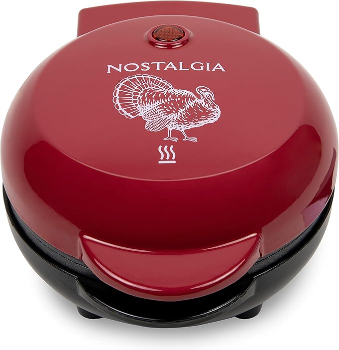 Nostalgia MyMini Personal Electric Heart Turkey Waffle Maker, 5-Inch Cooking Surface, Waffle Iron for Hash Browns, French Toast, Grilled Cheese, Quesadilla, Brownies, Cookies, Red