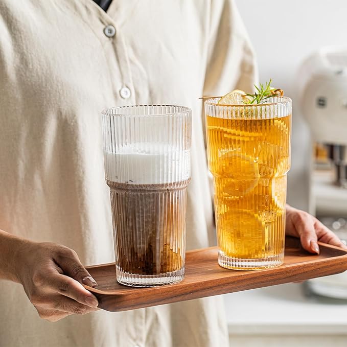 INSETLAN 20 oz Ribbed Glass Tumblers with Lids and Glass Straws – 6-Piece Glassware Set, Thickened Wall, Ideal for Iced Coffee, Smoothies, Cocktails, and Juices – Elegant and Durable Drinkware