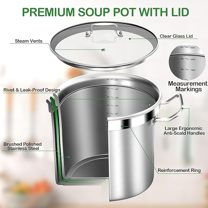 STOCKPOT Stainless Steel 24 Quart Stockpot with Tempered Glass Lid, 3-Ply Base, 6 Gallon, Polished Finish, Suitable for Stovetop and Oven, Dishwasher Safe