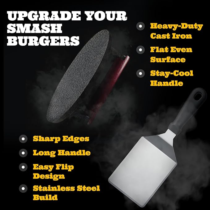 IAN's Smash Burger Press Kit - Cast Iron Burger Press (6.5 in), Smash Burger Spatula, Patty Pakers & Seasoning Shaker - Griddle, Flat Grill, Hibachi Accessories - Gifts for Dad