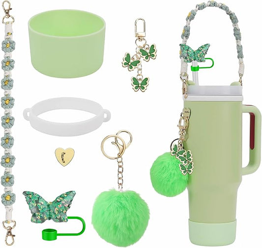 Accessories Set Including Water Bottle Handle Strap, Silicone Boot, Resin Butterfly Straw Cover, Straw Topper, Lip Balm Sleeve, Butterfly & Hairball Charms for Stanley Cup Tumbler