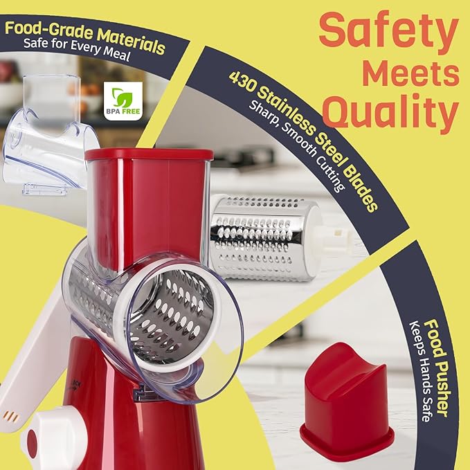 Rotary Cheese Grater Hand Crank, 3 Blades Slicer Shredder, Cheese Grater for Kitchen, Multi-Functional Kitchen Tool for Vegetables, Nuts, Chocolate, with Strong Suction Base, Red