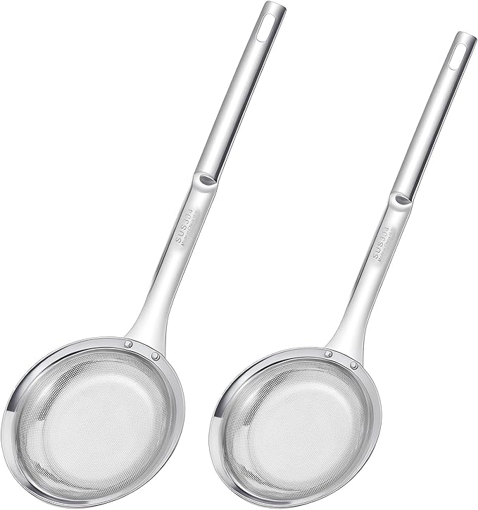 Fine Mesh Stainless Steel Colander Strainer, Skimmer Spoon Strainers with Handle, Fine Mesh Sieve for Cooking Oil, Grease Foam, Food Vegetable Hot Pot (2 Pack, Large+small)