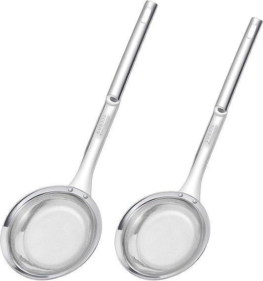 Fine Mesh Stainless Steel Colander Strainer, Skimmer Spoon Strainers with Handle, Fine Mesh Sieve for Cooking Oil, Grease Foam, Food Vegetable Hot Pot (2 Pack, Large+small)