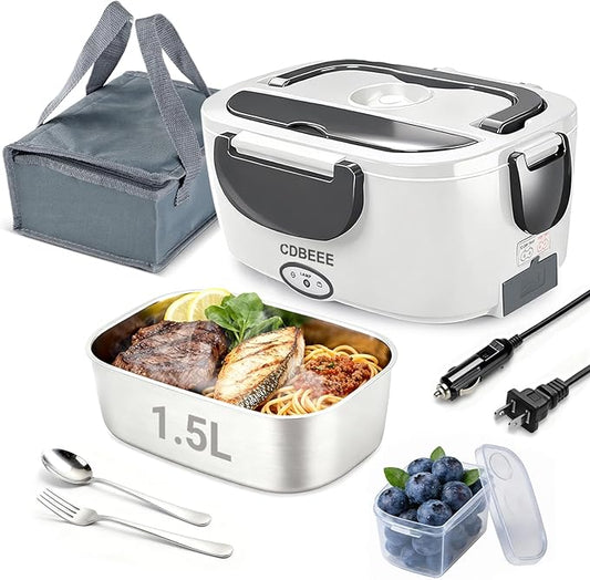 Electric Lunch Box Food Heater - 80W Fast Heating, 1.5L Heated Lunch Box Leak-Proof 304 Stainless Steel Portable Food Warmer, (12V/24V Car/Truck & 110V Home), Ideal for Work/Travel（White-grey）