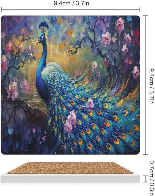 Square-4PCS Peacock Ceramic Coasters, Square Absorbent Drink Coasters, Vintage Watercolor Style Floral Beautiful Blue Peacock Ceramic Table Coasters for Coffee, Beverage, Wine, Beer Coasters