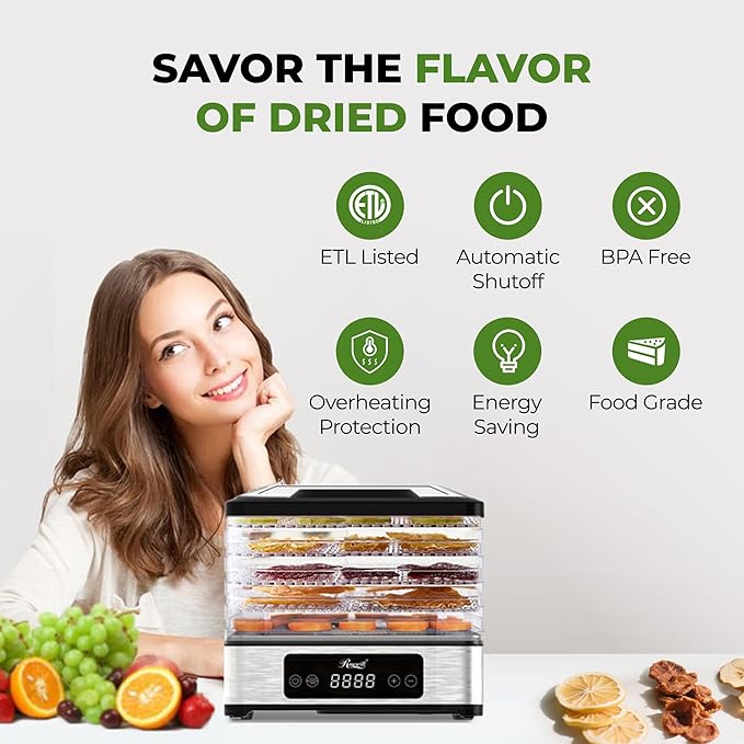 Rosewill Compact Food Dehydrator, 5 Stackable Trays with Adjustable 48H Timer and Temperature Control - 400W Electric Food Dryer for Jerky, Fruits, Herbs, Veggies, Meat & Dog Treats
