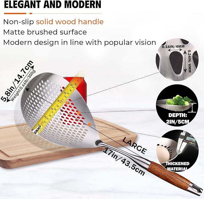 Skimmer Slotted Spoon -17in 304 Stainless Steel Pasta Spider Strainer Skimmer Ladle Spoon for Cooking and Frying - Kitchen Large Metal Scoop Colander Strainer Spoon with Heat Resistant Wooden Handle