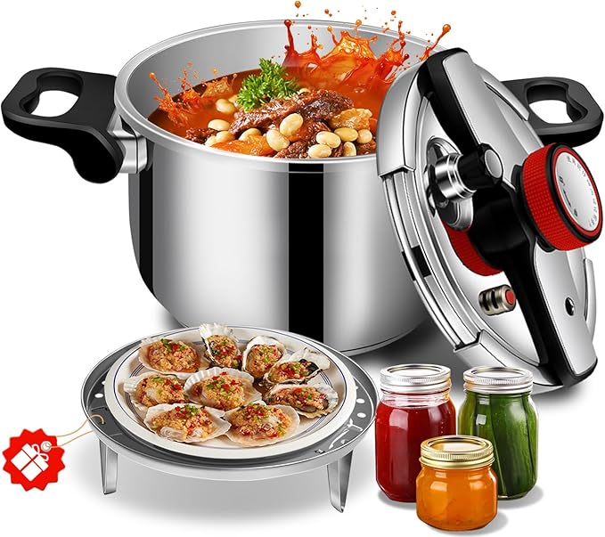 KAIVESEA 4.22 Quart 304 Stainless Steel Pressure Cooker - Explosion-Proof Safety Lock, One Hand Operation, Fast Cooking, Dishwasher Safe & Induction Compatible Cookware