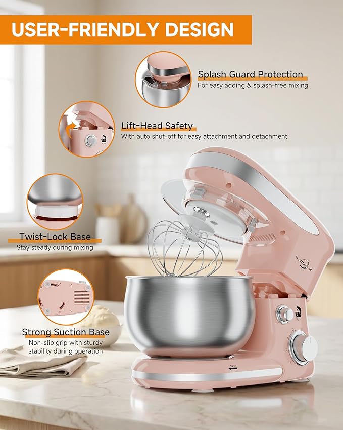 Stand Mixer, 3.4QT Lightweight Kitchen Mixer, 6+P Speed Tilt-Head Electric Food Mixers for Daily Use with Egg Whisk, Dough Hook, Flat Beater, Bread Dough Mixer for Baking (Pink)