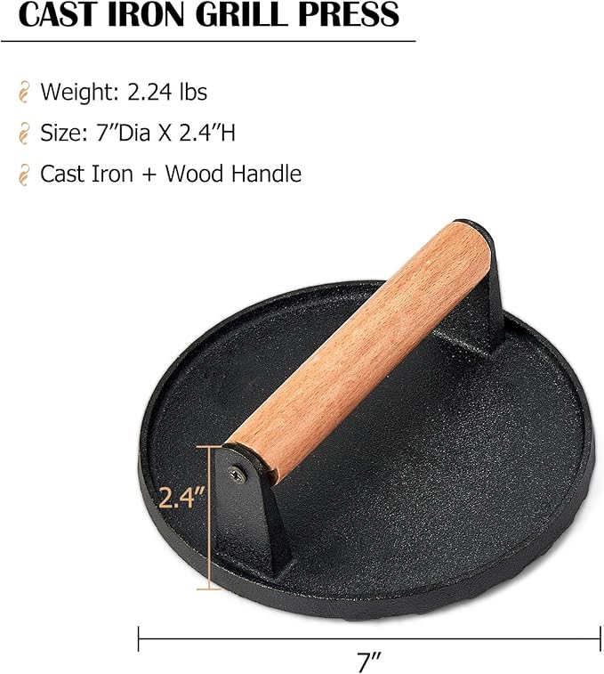 Joyfair Smash Burger Press for Griddle (7 Inch), Cast Iron Hamburger Smasher, Flattop Grill Presses Accessories Tool for Bacon, Patty, Meat, Steak, Sandwich, Heavy Duty & Dishwasher Safe