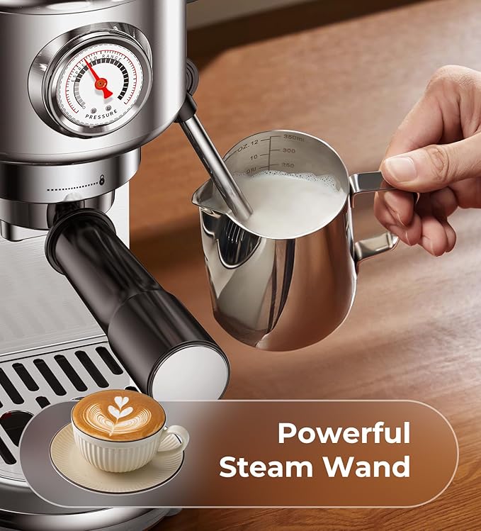 atatix Espresso Machine with Milk Frother, 20 Bar Pressure Espresso Maker, with 44OZ Removable Tank, Compact Stainless Steel Coffee Machine for Home, Office, Latte, Cappuccino, Gift for Women or Men