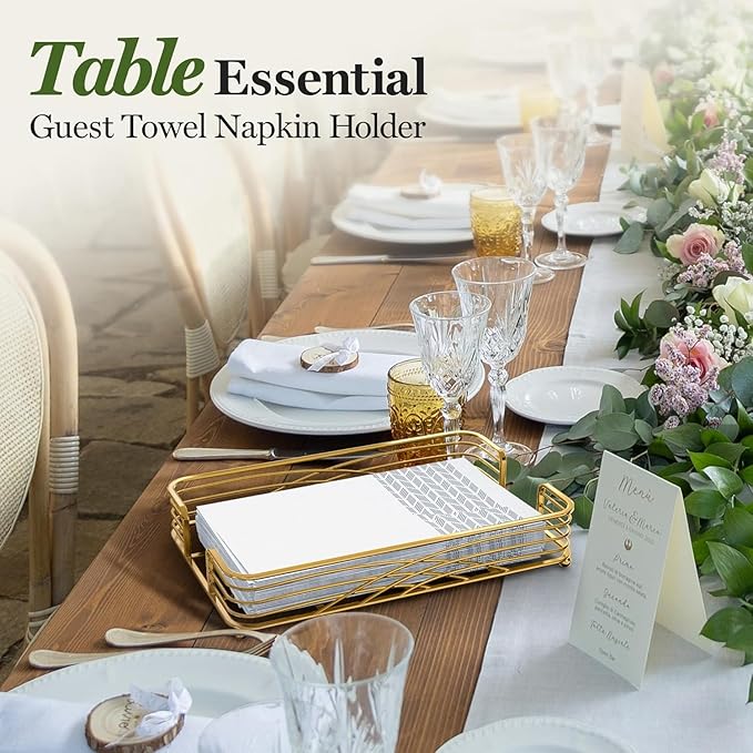 Gold Guest Towel Holder Tray for Bathroom – Countertop Napkin Organizer for Disposable Paper Towels, Elegant Hand Towel Rack for Powder Room, Modern Guest Bathroom Accessories