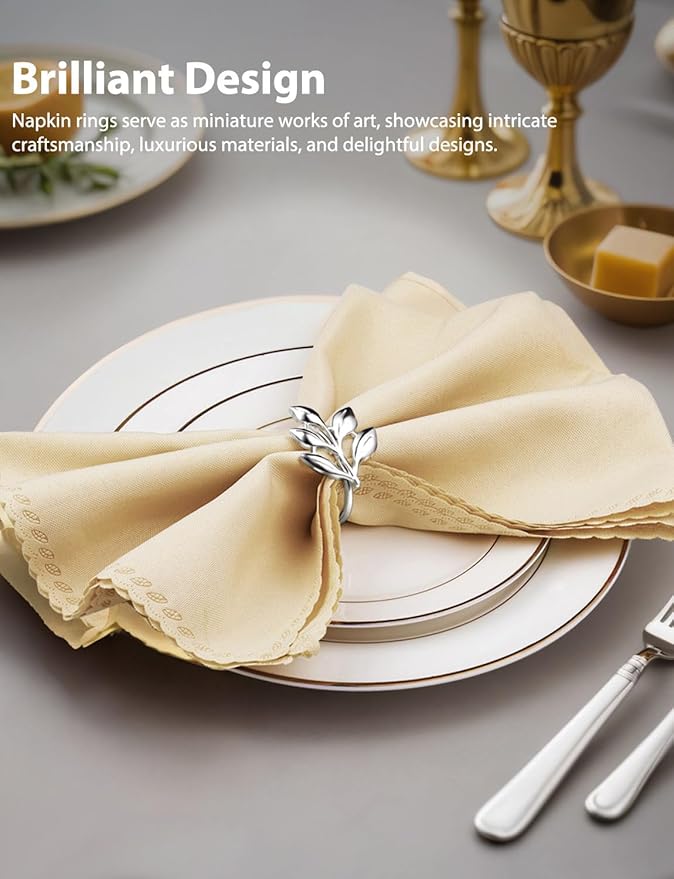 Leaf Napkin Ring Holder Set of 12 Silver Color Dining Table Décor for Wedding Party Dinner Banquet Thanksgiving Halloween (Silver 12pcs)