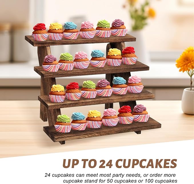 Wooden Cupcake Stand - 4 Tier Cupcake Display Stand, Rustic Tiered Display Stand, Tool Free Installation Cupcake Stand for Baby Shower Decorations Birthday Party Supplies