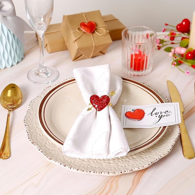 Red Heart Napkin Rings Serviette Holder Set of 8, Metal Love Napkin Ring with Gold Buckles for Valentine's Day, Wedding, Birthday Party, Thanksgiving Day, Christmas Day,Dining Table Decoration