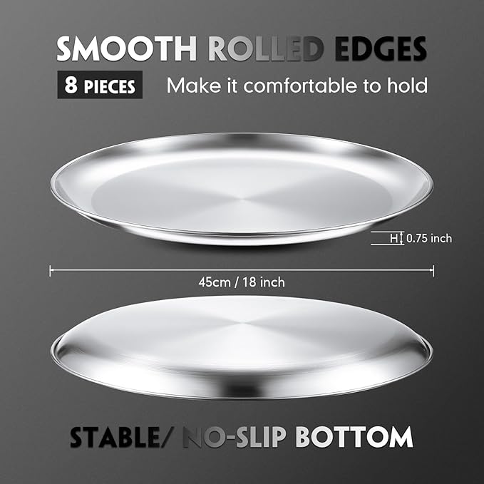 Thenshop 8 Pieces 18 Inch Pizza Pans Bulk Stainless Steel Sets Round Bakeware Pizza Trays for Oven Kitchen Baking Home Restaurant Safe Sturdy Reusable Easy Clean(Matte Silver)