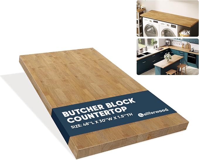 48''L x 30''W x 1.5''Th Hevea Light Brown Premium Solid Wood Butcher Block Countertop, Butcher Block Table Top for DIY Washer Dryer/Island/Kitchen Countertop (Finished)
