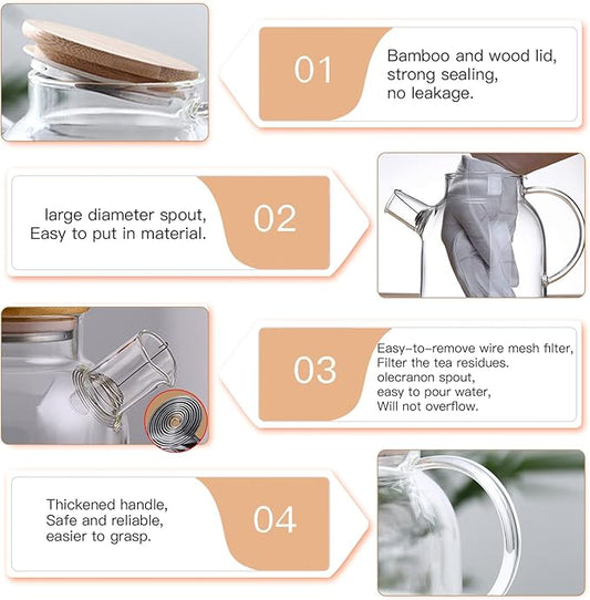 Glass Teapot 50.7oz/1500ml, Stovetop & Microwave Safe Borosilicate Tea Pot,Clear Teapot with Strainer, Glass Tea Kettle with Wooden Lid for Loose Leaf、Fruit Tea and Fragrant Tea