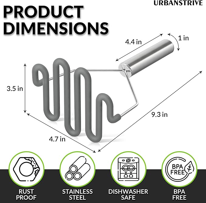 Urbanstrive Non-Scratch Silicone Potato Masher Kitchen Tool, Potatoes Masher Potato Masher Stainless Steel Wrapped In Premium Silicone, Potato Smasher, Grey