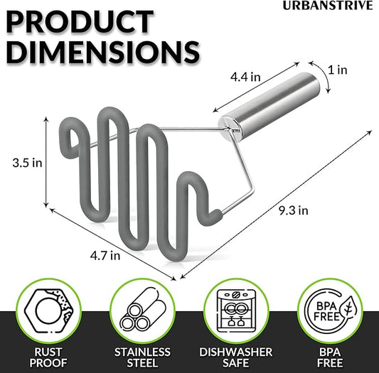 Urbanstrive Non-Scratch Silicone Potato Masher Kitchen Tool, Potatoes Masher Potato Masher Stainless Steel Wrapped In Premium Silicone, Potato Smasher, Grey