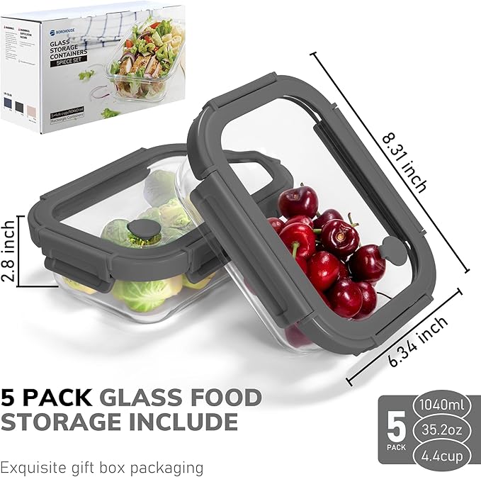 5-Pack Borosilicate Glass Containers with Tempered Lids, 35.2oz/4.4 Cup Airtight Meal Prep Set, Microwave/Freezer Safe (Gray)