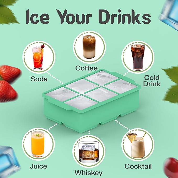 KitchFort Large Silicone Ice Cube Tray (2-Pack), Easy Release 2" Big Ice Cubes - Cocktail, Whiskey Ice Cubes Mold - Ice Trays for Freezer with Lid - Stackable Silicone Ice Tray - Green