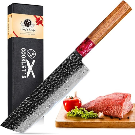 COOKLET'S Nakiri Knife, Professional VG10 Damascus Stainless Steel Kitchen Knife, Ultra Sharp Vegetable Meat Cooking Knife, G10 Ergonomic Color Wooden Handle with Luxury Gift Box for Home