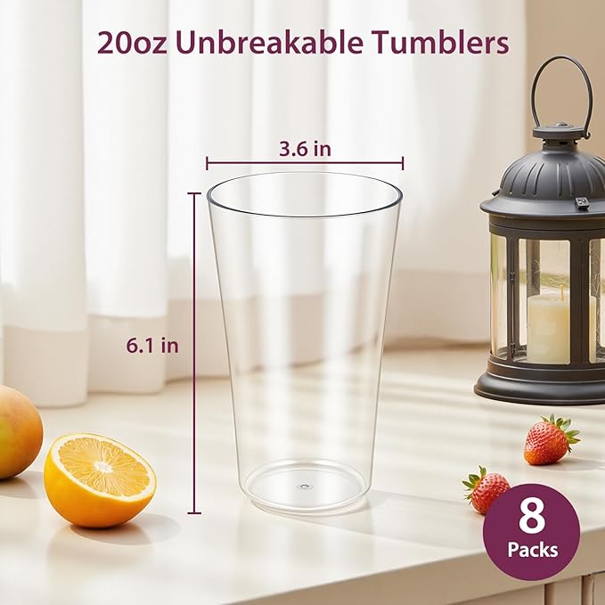 Freshmage 20oz Plastic Tumblers (Set of 8), All-Clear Reusable Water Cups, BPA-Free, Shatter-Proof, Dishwasher & Microwave Safe, Stackable Drinking Glasses for Home, Outdoor, Camping, Picnic, Pool