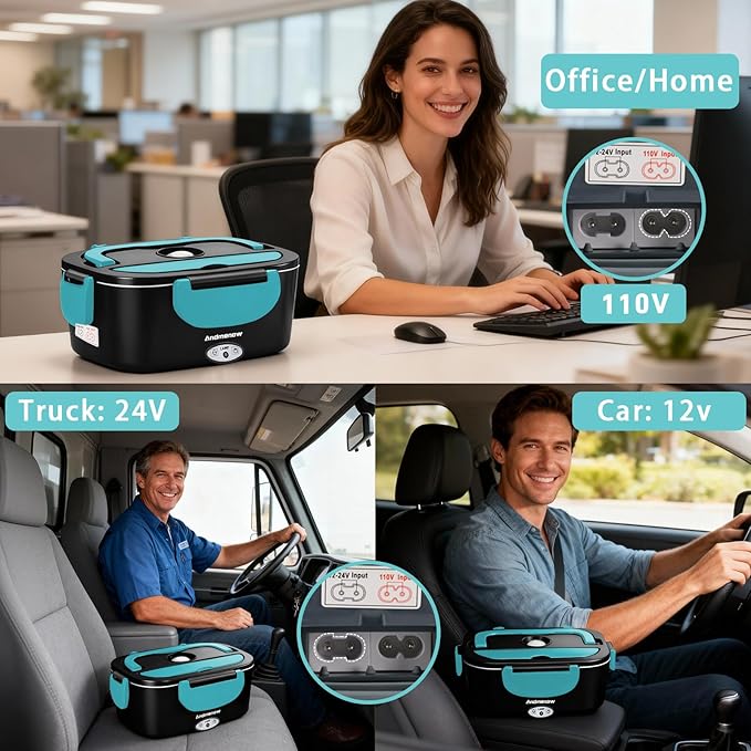 Electric Lunch Box 80W Food Heater with Dual Container, Portable Lunch Warmer for Adults, Upgraded Heated Lunch Box for Car/Truck/Office,110/24/12V 1.5L Black+Blue