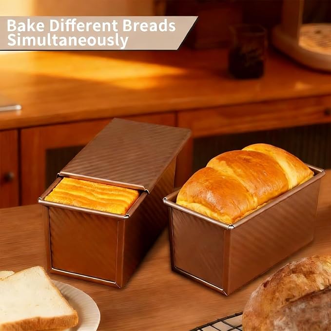 Hikaproligt Pullman Loaf Pan with Lid 2 Pack, 8x4 Inch 1LB Nonstick Carbon Steel Bread Pans, Gold Corrugated Sandwich Bread Baking Pan for Toast, Sourdough, Homemade Bread