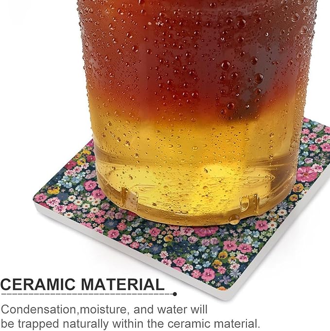 Floral Drink Coasters, Square Ceramic Drink Coaster Square-4PCS, Cartoon Abstract Wildflower Nature Plant Colorful Floral Decor Absorbent Ceramic Coasters for Beverage Cup, Bar, Coffee Table