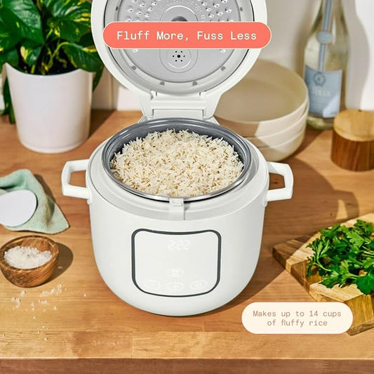 Beautiful 14-Cup Electric Rice & Grain Cooker, Ceramic Nonstick, 8 Presets, Slow Cook, Steamer Tray (White Icing)