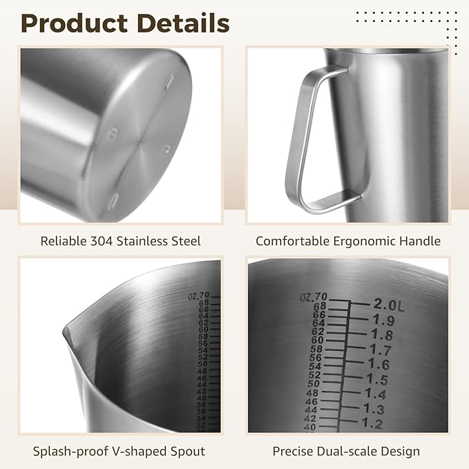 2L Stainless Steel Pitcher with Lid, 70 oz Measuring Cup with Dual-Scale Markings, Milk Frothing Jug, Large Beaker for Espresso Machine, Hot/Cold Water, Latte Art, Iced Tea