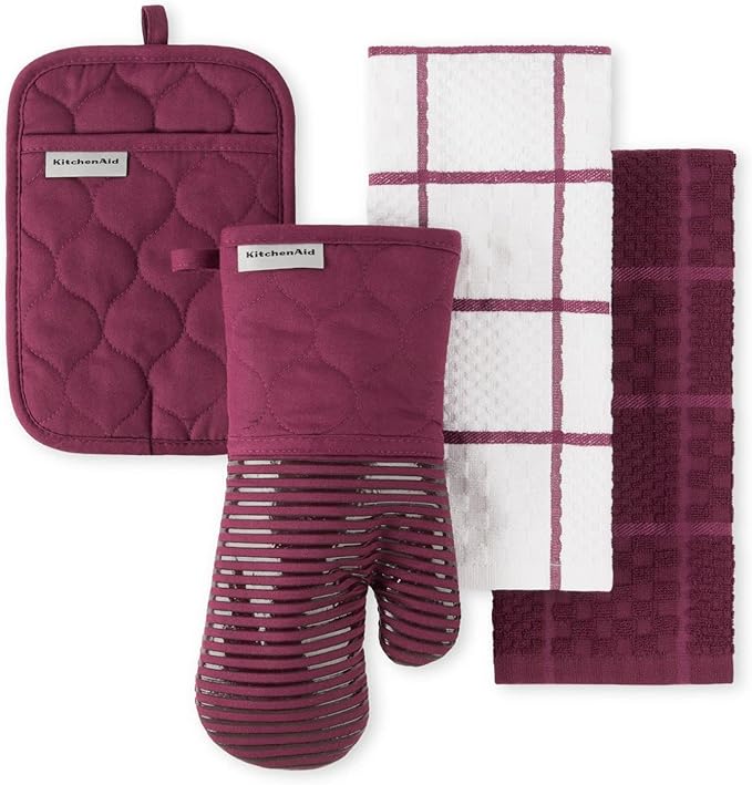 KitchenAid Quilted Cotton Terry Cloth Oven Mitt, Pot Holder, Kitchen Towel 4-Pack Set, Heat Resistant, Silicone Grip, Gift Set, Beet, 16"x26", 7"x13" & 7"x10"